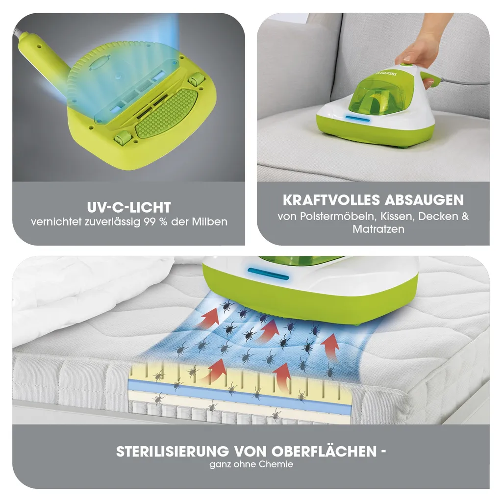 CLEANmaxx Milben-Handstaubsauger Kompakt Mit UV-C Licht - Weiß/limegreen 5 CLEANmaxx Milben-Handstaubsauger Kompakt Mit UV-C Licht - Weiß/limegreen – Bild 3