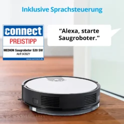 MEDION Saugroboter Mit Wischfunktion Und Zyklon Technologie S20 SW (Alexa App Steuerung, Modell 2021, Extra Flach, Regulierbare Wasserabgabe, Ladestation, Tierhaar Allergiker Optimiert) -Staubsauger Geschäft 28413e598262052f1068fa27291c4d6a