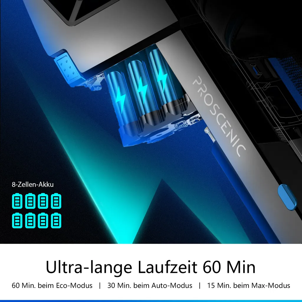 Proscenic P11 Smart Akku Staubsauger, Kabelloser Staubsauger, 30k Pa Starke Leistung, 60 Min. Laufzeit, Smart App Display 4 Proscenic P11 Smart Akku Staubsauger, Kabelloser Staubsauger, 30k Pa Starke Leistung, 60 Min. Laufzeit, Smart App Display – Bild 2