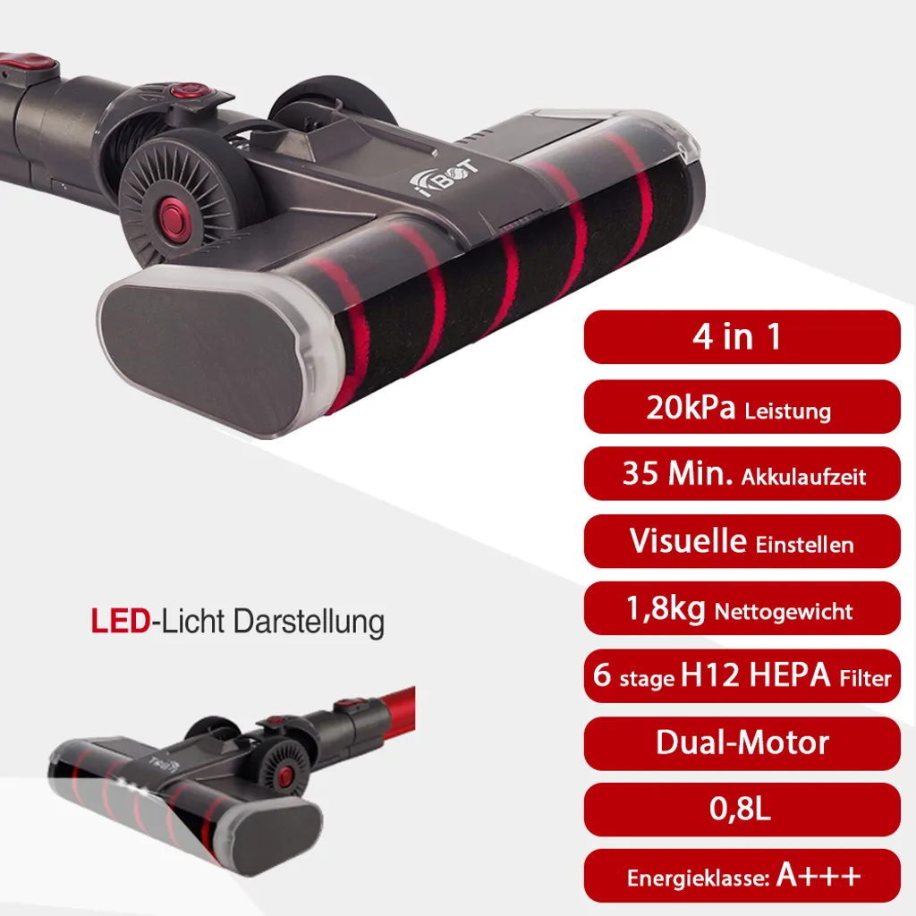 IFBOT 4 In 1 Akku Staubsauger I201 Kabellos Handstaubsauger, Bürstenlos Motor Mit HEPA Filter, 20KPa, 250W, Beutellos, 0,8L, 35min, Touchscreen, LED Elektrobürste, 1,8kg Leicht, 3 Reinigungssprogramme Perfekt Für Hartboden Teppich 4 IFBOT 4 In 1 Akku Staubsauger I201 Kabellos Handstaubsauger, Bürstenlos Motor Mit HEPA Filter, 20KPa, 250W, Beutellos, 0,8L, 35min, Touchscreen, LED Elektrobürste, 1,8kg Leicht, 3 Reinigungssprogramme Perfekt Für Hartboden Teppich – Bild 2