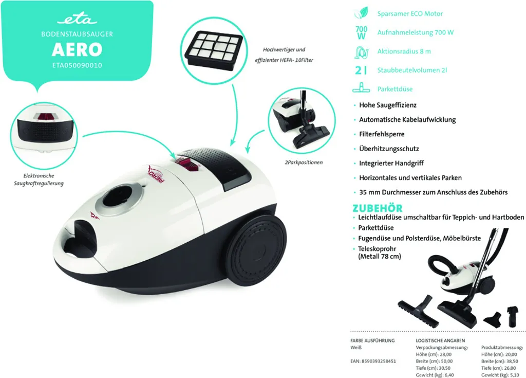 ETA Bodenstaubsauger AERO ETA050090010, ECO Motor, 700 Watt, Mit Beutel, Für Alle Bodenarten Geeignet 19 ETA Bodenstaubsauger AERO ETA050090010, ECO Motor, 700 Watt, Mit Beutel, Für Alle Bodenarten Geeignet – Bild 17