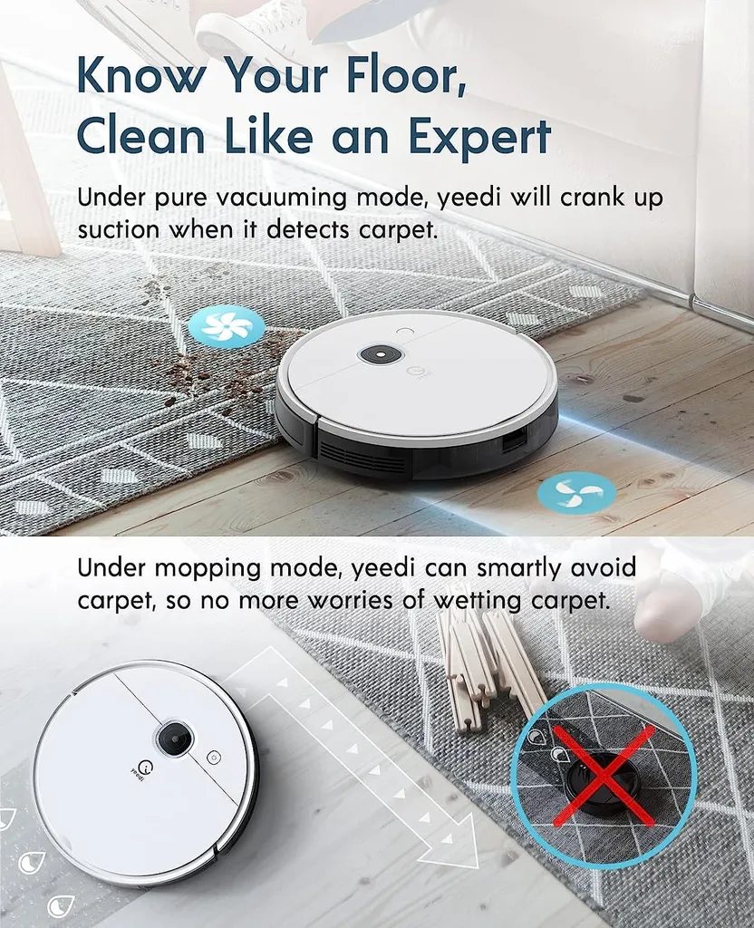 Yeedi Vac Hybrid Saugroboter Mit Absaugstation, 2500Pa Saugstärke Mit Wischfunktion, Teppicherkennung, Raumkarte, Sperrzone, 7,7 Cm Ultradünn 6 Yeedi Vac Hybrid Saugroboter Mit Absaugstation, 2500Pa Saugstärke Mit Wischfunktion, Teppicherkennung, Raumkarte, Sperrzone, 7,7 Cm Ultradünn – Bild 4