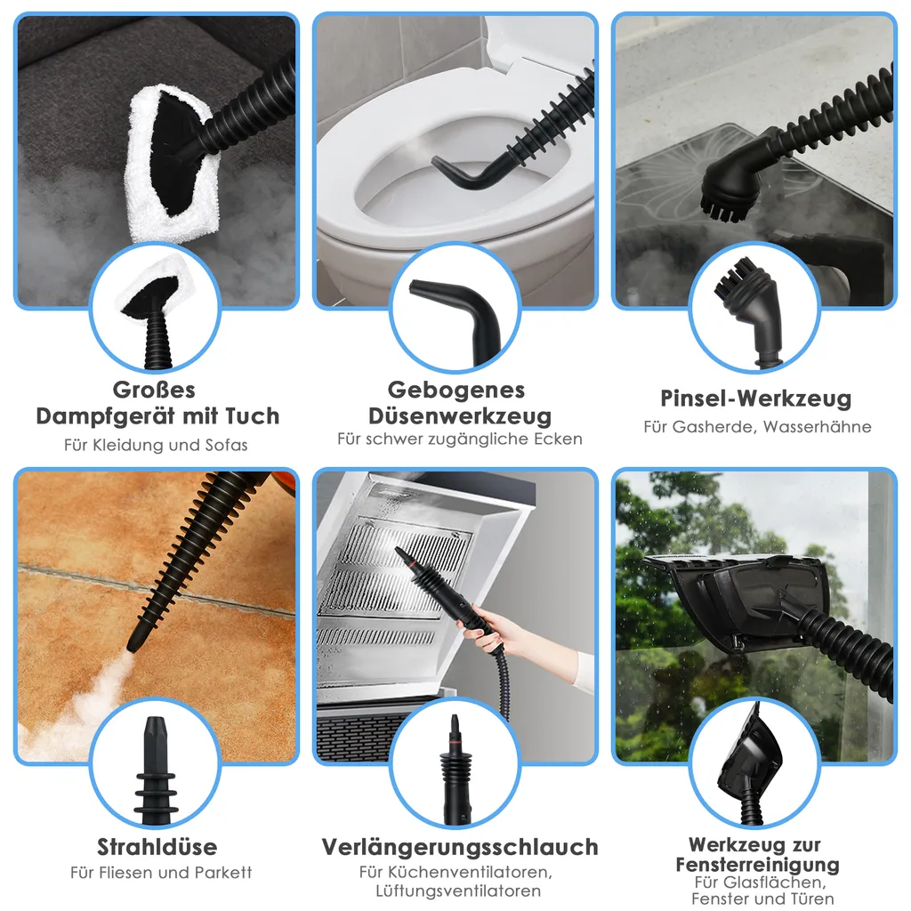 COSTWAY Dampfreiniger Inkl. 9 Zubehör, Handdampfreiniger, Dampfreinigen Handgerät 3 Bar / 250ml / 1050W / 4min Aufheizzeit/für Teppiche, Vorhänge, Autositze, Küche (Blau) 5 COSTWAY Dampfreiniger Inkl. 9 Zubehör, Handdampfreiniger, Dampfreinigen Handgerät 3 Bar / 250ml / 1050W / 4min Aufheizzeit/für Teppiche, Vorhänge, Autositze, Küche (Blau) – Bild 3