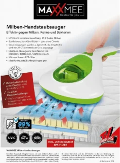 MAXXMEE Milben-Handstaubsauger Mit UV-C Licht - 300 W - Weiß/limegreen Milben Sauger UV Licht Handstaubsauger Entferner Allergiker Handsauger MAXXMEE -Staubsauger Geschäft 882dab6fd42bda9ee105d564c1330929
