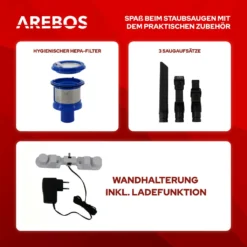 AREBOS Akku Staubsauger, 2-in-1 Hand- Und Bodenstaubsauger, 2 Leistungsstarke Saugmodi, Beutellos, Kabellos Bis Zu 55 Minuten, Mit Wandladestation, Weiß -Staubsauger Geschäft 9a9529cfcec03bfac4f33585a8c94dcf