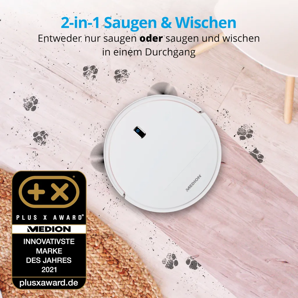 MEDION Saugroboter Mit Wischfunktion Und Systematischer Navigation P20 SW (Modell 2021, 2.000 Pa Saugkraft, Inkl. Fernbedienung, Ladestation, Tierhaar Allergiker Optimiert) 4 MEDION Saugroboter Mit Wischfunktion Und Systematischer Navigation P20 SW (Modell 2021, 2.000 Pa Saugkraft, Inkl. Fernbedienung, Ladestation, Tierhaar Allergiker Optimiert) – Bild 2