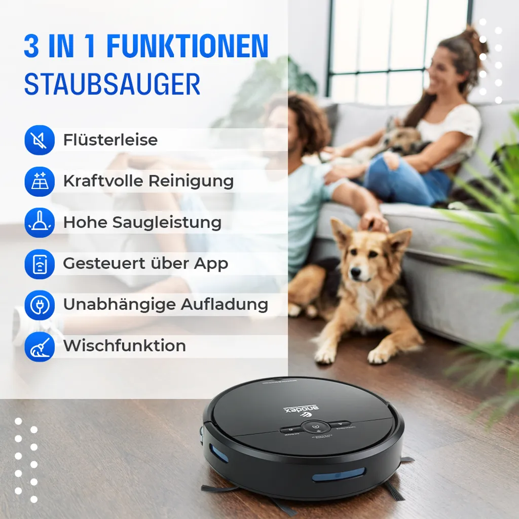 Anodex - Staubsauger Roboter - Mit Wischfunktion - Mit Ladestation - Staubsauger Roboter - 3 In 1 - Mattschwarz 4 Anodex - Staubsauger Roboter - Mit Wischfunktion - Mit Ladestation - Staubsauger Roboter - 3 In 1 - Mattschwarz – Bild 2