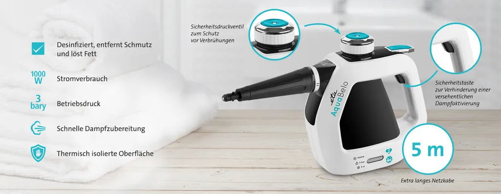 ETA AQUABELO Handdampfreiniger ETA126490000, 1000 W , Betriebsdruck 3 Bar, Dampf In 2-3 Minuten, Wassertankvolumen 220 Ml, Kabellänge 5 M 5 ETA AQUABELO Handdampfreiniger ETA126490000, 1000 W , Betriebsdruck 3 Bar, Dampf In 2-3 Minuten, Wassertankvolumen 220 Ml, Kabellänge 5 M – Bild 3