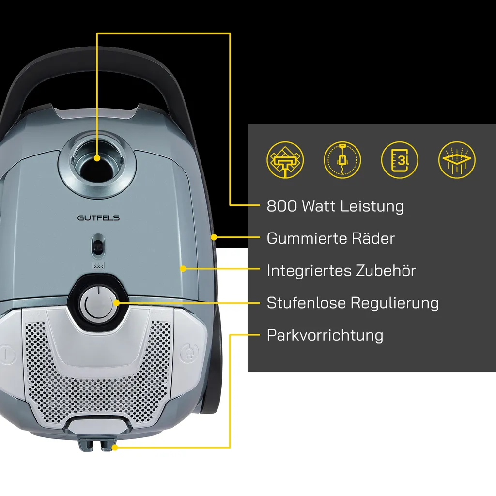 GUTFELS CLEAN 2010 Bodenstaubsauger | 800 Watt Leistung | Integriertes Zubehör | 3 Liter Staubbehälter 5 GUTFELS CLEAN 2010 Bodenstaubsauger | 800 Watt Leistung | Integriertes Zubehör | 3 Liter Staubbehälter – Bild 3